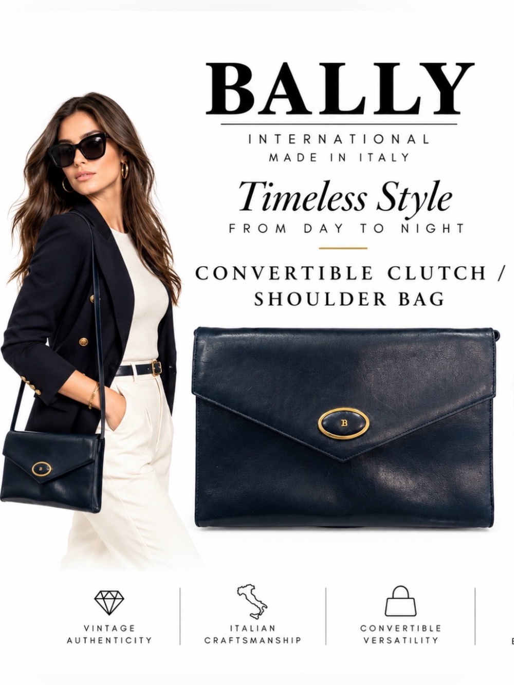 Bally Navy Clutch Vintage Leather Convertible Clutch and Shoulder Bag